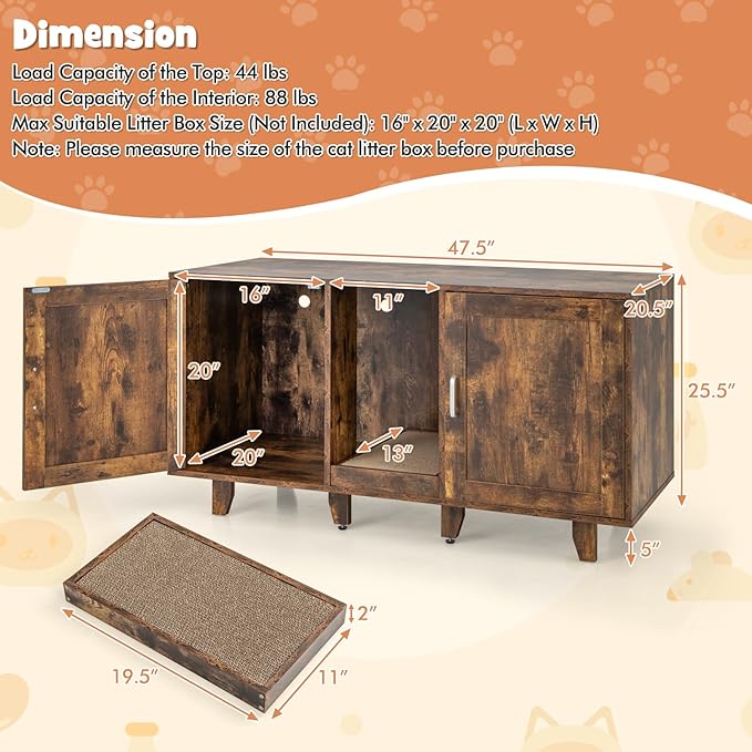 Giantex Cat Litter Box Enclosure - Cat Washroom Hidden Furniture, 2 Storage Cabinets, Removable Cat Scratcher, Air Vents, Detachable Legs, Wood Pet Crate Indoor Cat House TV Stand (Rustic Brown)