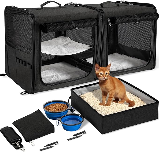 Large Cat Carrier for 2 Cats with Zipper Locks, Double Cat Carrier with Travel Litter Box, Soft Pet Travel Carrier for Cats and Small Dogs Up to 45 Lbs, Black