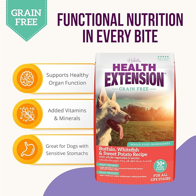 Health Extension Grain Free Buffalo & Whitefish Dry Dog Food - 30+ Superfoods and Probiotics for All Life Stages, 4 lb Bag