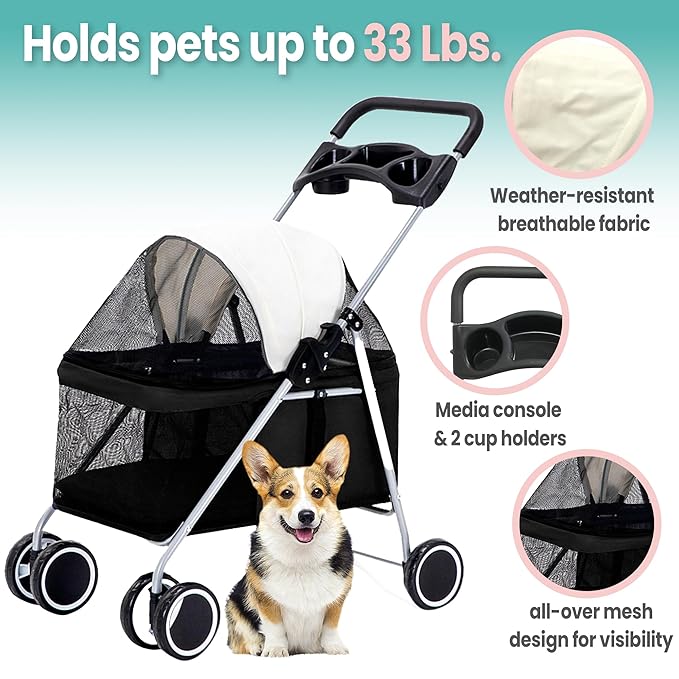Critter Sitters Pet Stroller, Single Carriage Carrier for Animals up to 33 Pounds, 4-Wheel, Travel, Hiking & Transportation for Cats, Small Dogs, Rabbits, Black