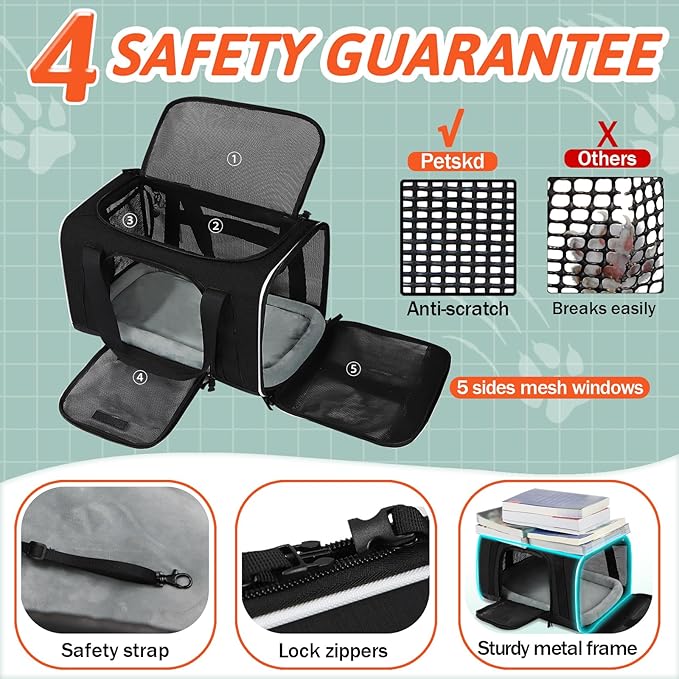 Petskd Small Pet Carrier with Wheels(18" L x 11" W x 11" H), Delta/American/United Airlines Approved, Rolling Pet Carrier for Small Dogs & Cats (Black)