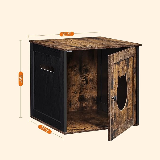 Feandrea Cat Litter Box Furniture, Hidden Litter Box Enclosure Cabinet with Single Door, Indoor Cat House, End Table, Nightstand, Rustic Brown and Black UPCL004X02