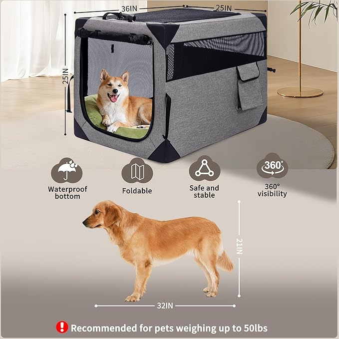 Hiaksedt Dog Crates - 36 Inch Collapsible Soft Dog Crate, 3-Door Foldable Soft Kennel for Large Dogs, Portable Pet Travel Cage with Chew Proof Mesh Window for Outdoors