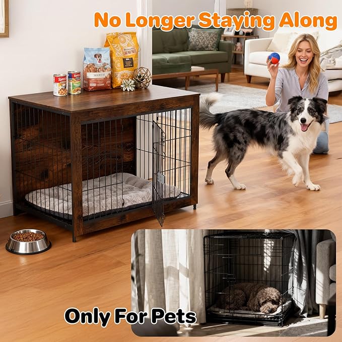 Dog Crate Furniture, Wooden Dog Crate 27in, Decorative Cage with End Table for Dog Indoor Kennel, High Anxiety Dog, Escape-Proof Locks for All Breeds