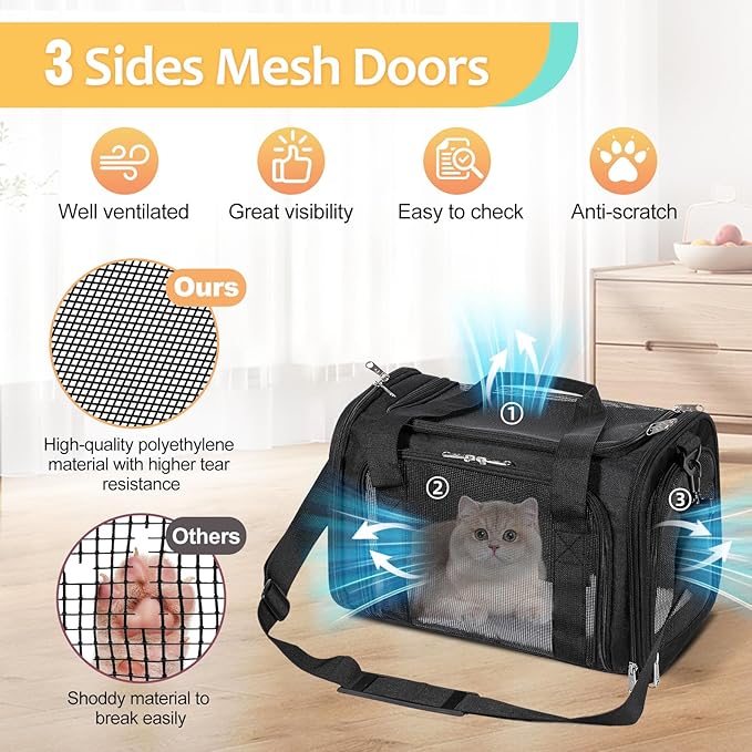 Discala Cat Dog Carrier Up to 15 Lbs TSA Airline Approved Pet Carrier for Small Medium Cats Puppies Dog Carriers for Small Dogs Collapsible Soft Sided Cat Travel Carrier - Black 17"x11"x11"