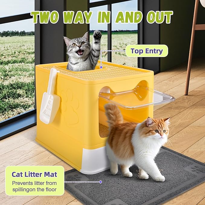 Cat Litter Box with Litter Mat, Foldable Extra Large Free in and Out/One-Way with Lid, Drawer Type Enclosed Kitty Litter Box,Odor Control Anti-Splashing Easy Cleaning (Yellow)