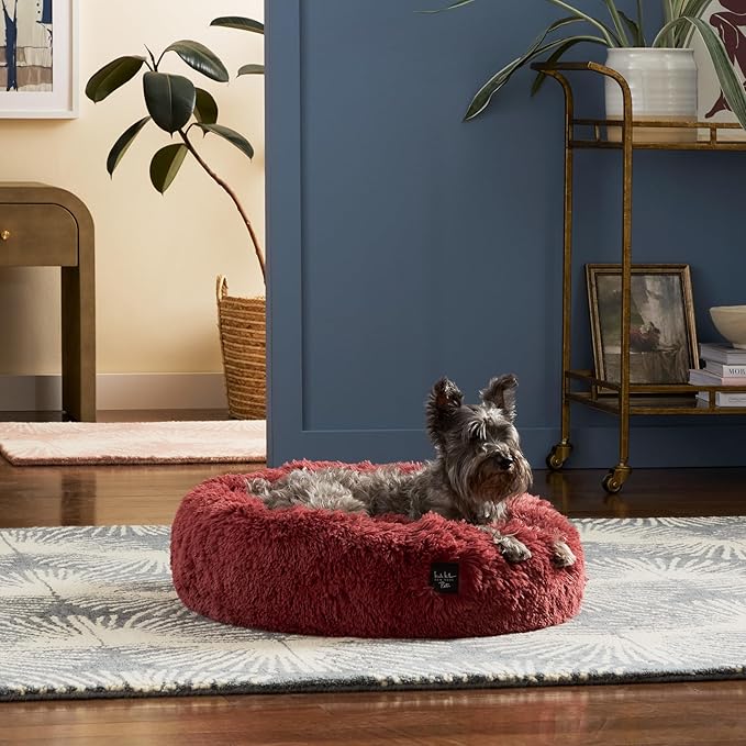Nicole Miller NEW YORK PET Ellie Fuzzy Solid Donut Pet Bed, Plush, Cozy & Calming, Non-Slip Bottom, 100% Machine Washable, Blue, Small 24"x24"x7" Round