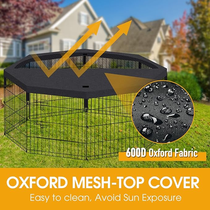 Dog Playpen Regular Octagon Metal Exercise Pet Playpen 8 Panels 24 Inch Mesh Top Cover for Small Medium Pets Indoor Outdoor(Only Cover,Playpen Not Included)(Black Top Cover)