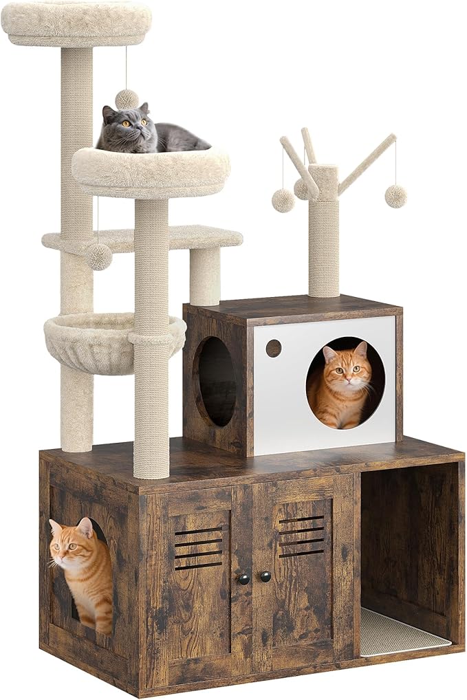 Furniture Style Cat Tree Tower & Hidden Litter Box Cabinet Combo – Multi-Level Cat House with Sisal Scratching Posts, Perch & Luxury Hammock
