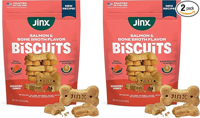 Jinx Oven-Baked Salmon Bone Broth Biscuit Dog Treats - Crunchy, All Natural, Superfood-Rich with High-Protein Salmon, Dog Biscuits for Puppies, Adults & Seniors - 16oz (Pack of 2)