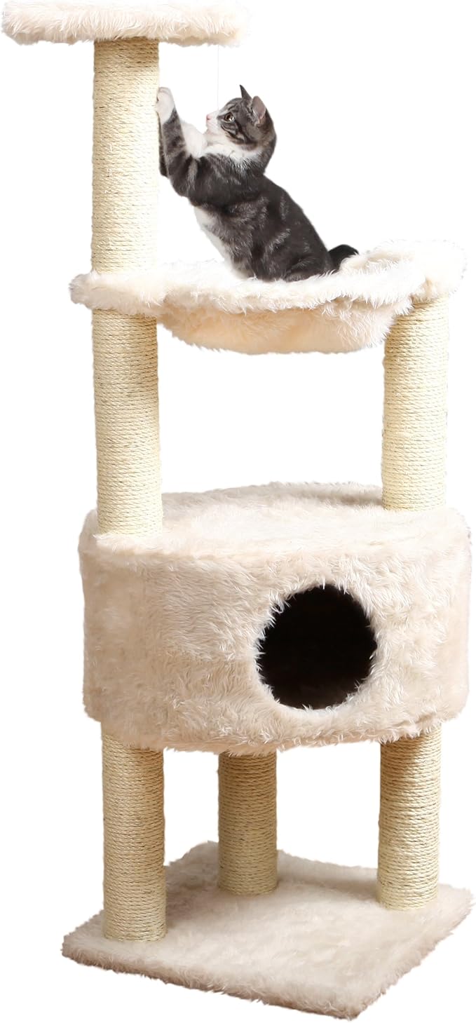 TRIXIE Baza 52" Cat Tower, Indoor Cat Furniture with Sisal Scratching Posts & Plush Covered Condo, Perch, and Hammock, Toy on String, Cream