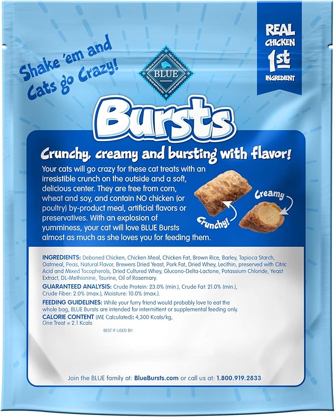 Blue Buffalo Crunchy Cat Treats, Chicken | Bursts | 5-oz Bag | Pack of 4