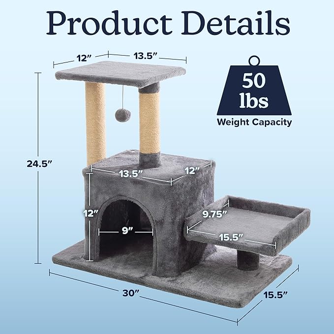 24.5in Small Cat Tree Tower - Cat Tower with Napping Perches, Kitten Condo, 2 Rope Scratching Posts, and Hanging Toy - Multi-Level Kitten Tree and Climbing Activity Furniture by PETMAKER (Gray)