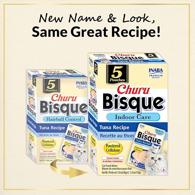 INABA Churu Bisque Indoor Care for Hairball Control for Cats, Creamy Lickable Purée Side Dish with Vitamin E, 1.05 Ounce Pouch, 15 Pouch, Tuna Recipe
