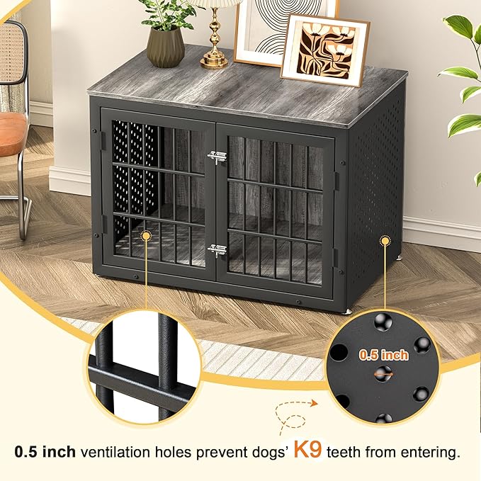 rehomerance 38" Heavy Duty Dog Crate Furniture for Large and Medium Dogs,Wooden Metal Kennel for High Anxiety Dogs, Chew Proof Cage Indoor, Decorative Kennel End Table