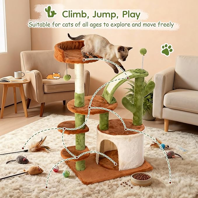 Cactus Cat Tree for Indoor Cats, Multi-Level Cat Tree Tower with Sisal Scratching Posts, Stable Cat Condo with Perches and Steps, 36.6", Brown