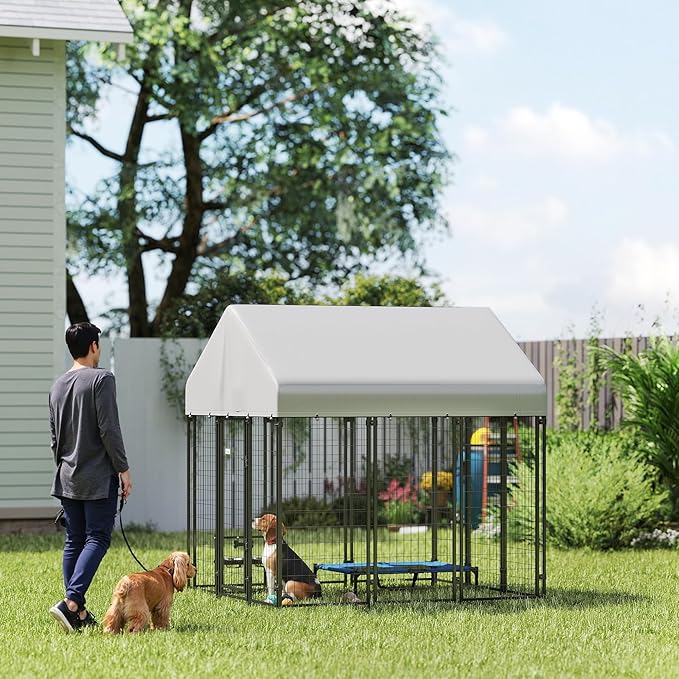 PawHut Outdoor Dog Kennel with Roof, 6' x 6' x 6' Heavy Duty Welded Wire Dog Playpen Enclosure with Escape-Proof Lock, UV-Resistant & Waterproof Cover, for Large Dogs, Chickens, Ducks, Silver