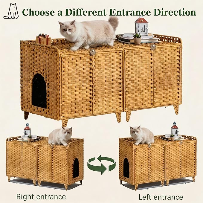 Cat Litter Box Enclosure Furniture, Handwoven Rattan Cat Houses, Hidden Cat Washroom Furniture with Door/Mat, Large Space Cat Houses with S-Shaped Hooks, Living Room, Bedroom, Natural