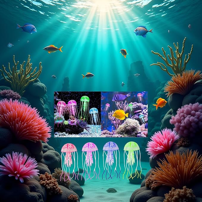 4 Pcs Fluorescence Jellyfish Aquarium Decorations for Large Small Fishtank Glowing Jellyfish Toy for Fish Tanks Jellyfish Decorations for Bedroom, Aquatic Pets