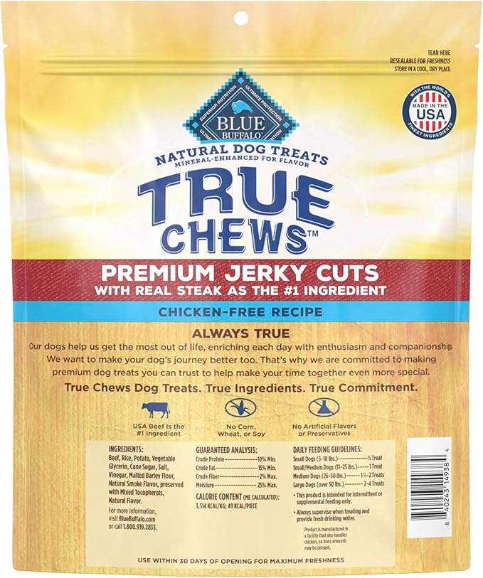 Blue Buffalo True Chews Premium Jerky Cuts Dog Treats, Made in The USA with Natural Ingredients, Beef, 30-oz Bag