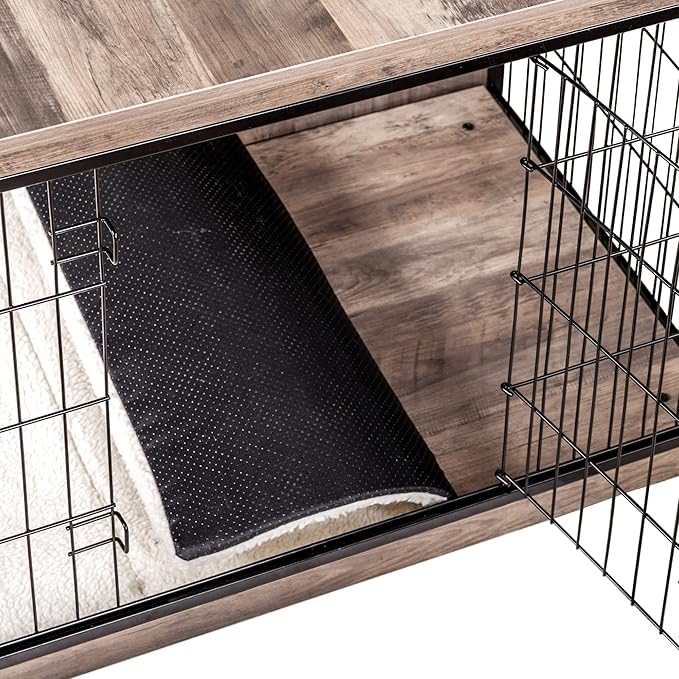 DWANTON Dog Crate Furniture with Cushion, Wooden Kennel Table with Double Doors, Indoor Dog House, Medium Size, 32.5" L, Greige