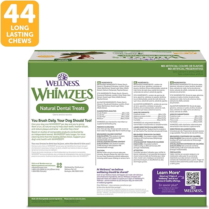 Wellness WHIMZEES Value Pack Dog Dental Treat, Chews, Freshens Breath, Medium Size, 46.6 oz Box, 44 Count