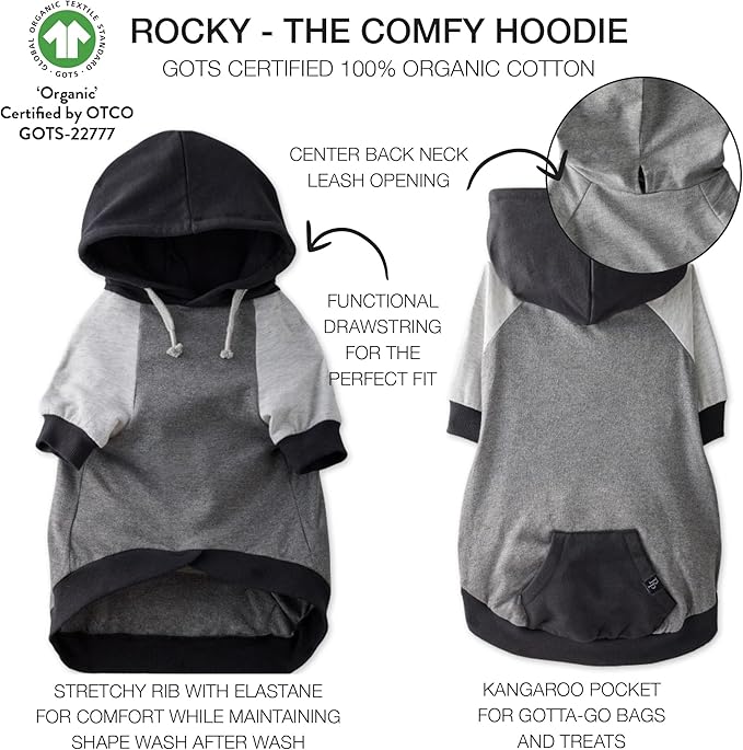 Pet Passion Rocky – The Original Lightweight Hooded Tee 100% Organic Cotton Dog Hoodie Pet Coat Sweater for All Sized Dogs, Original Black Color Block, X-Small (5-12 lbs)