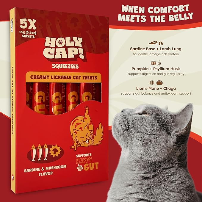 Happy Gut Grain-Free Lickable Cat Treats, 5 Squeezable Purée Tubes (0.5 oz Each), Sardine & Pumpkin Flavor, Creamy Cat Purée with Clean Ingredients, Hand-Fed Treat or Meal Topper