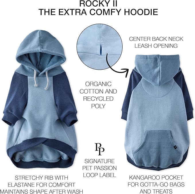 Pet Passion Rocky II - The Extra Comfy Hoodie, Organic Cotton and Recycled Poly Dog Hoodie Pet Coat Sweater for Small, Medium, Large Dogs, Navy Color Block, XXX-Small (up to 5lbs)
