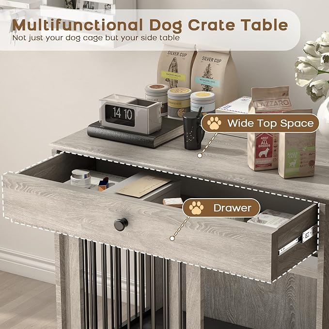 Large Dog Crate Furniture with Sliding Door & 360° Spinning Bowls | Durable Modern End Table for Medium & Large Dogs for Pet Owners (40-inch)