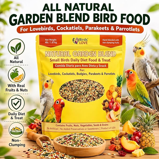 Birds LOVE All Natural Garden Blend Bird Food for Small Birds - Lovebirds, Cockatiels, Parakeets and Parrotlets 4lb
