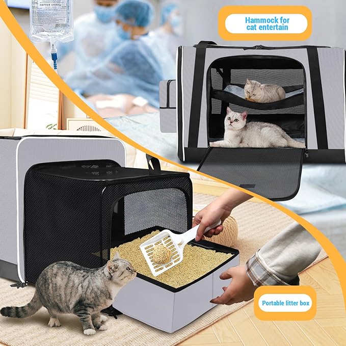 Petskd Side Expandable Extra Large Cat Carrier with Litter Box Area, 24"x17"x17" Soft-Sided Pet Carrier for 2 Cats Under 55 lbs with Zipper Locks for Car Travel(Grey)