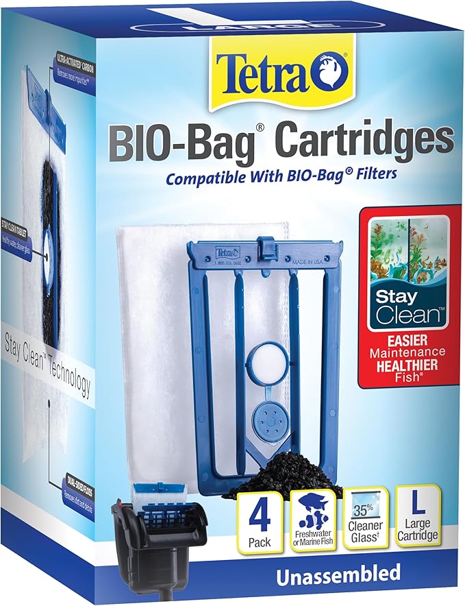 Tetra Whisper Bio-Bag with Stay Clean, Large Filter Cartridges for Aquariums, 4 Count, Unassembled, Fits Tetra Whisper Fish Tank Filters 10-30 Gal, 20-40 Gal, PF-20, 30, 40, 60, IQ 20, 30, 45, 60