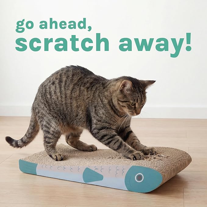 Kitty City 2‑Pack Fish Corrugate Cat Scratcher Pads - Horizontal Nail Filing Scratch Mat, Durable Couch Lounger Bed Alternative, Cat Scratch Toy, Kitty Enrichment & Play, 17” x 8” Each
