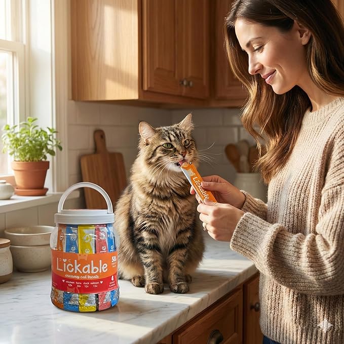 Fieldcrest Farms Lickable Cat Treats, 50 Count Variety Pack — Chicken, Tuna, Duck, Salmon — Thick & Protein-Rich Squeeze Tubes with Taurine, Grain Free, 6 Calories Per Tube