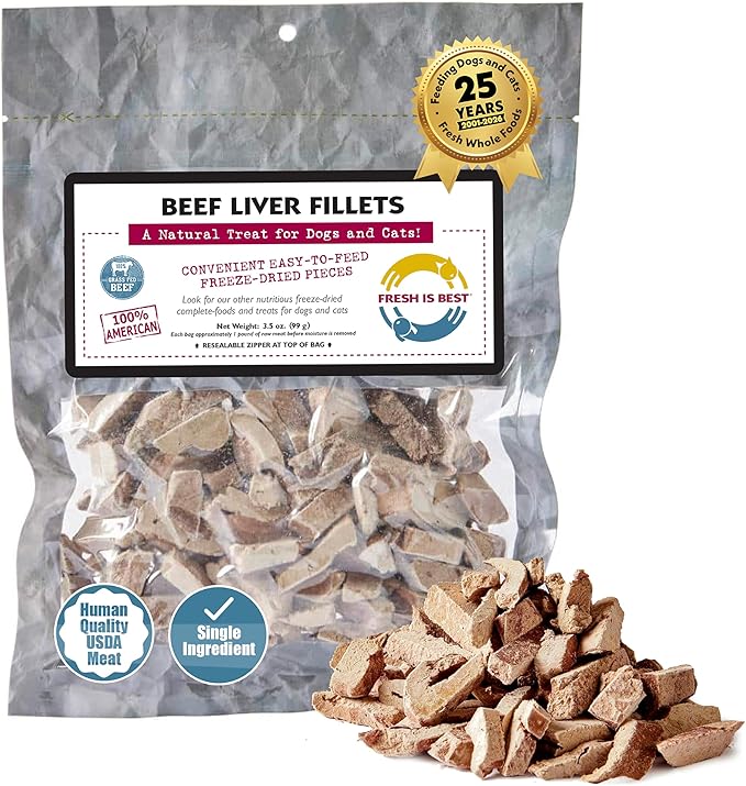 Fresh Is Best Beef Liver Fillets Freeze Dried Dog Treats – Raw Freeze Dried Dog Food for Cats & Canines – Training Treat in Resealable Zipper Bag – Grass-fed & Finished Beef Made in the USA