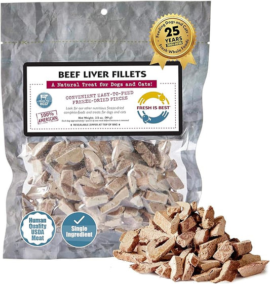 Fresh Is Best Beef Liver Fillets Freeze Dried Dog Treats – Raw Freeze Dried Dog Food for Cats & Canines – Training Treat in Resealable Zipper Bag – Grass-fed & Finished Beef Made in the USA