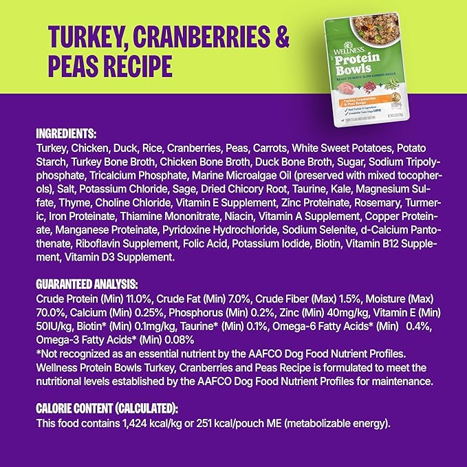 Wellness Protein Bowls Adult Wet Dog Food, Fresh Alternative, Wholesome Grains, Natural, Turkey, Cranberry, and Peas Recipe, 6.2 oz, Pack of 6 Pouches