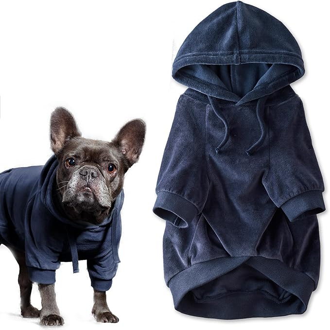 Pet Passion Cooper II Organic Cotton Velour Dog Hoodie Pet Coat for Small, Medium and Large Dogs, Navy, XXX-Small (up to 5lbs)