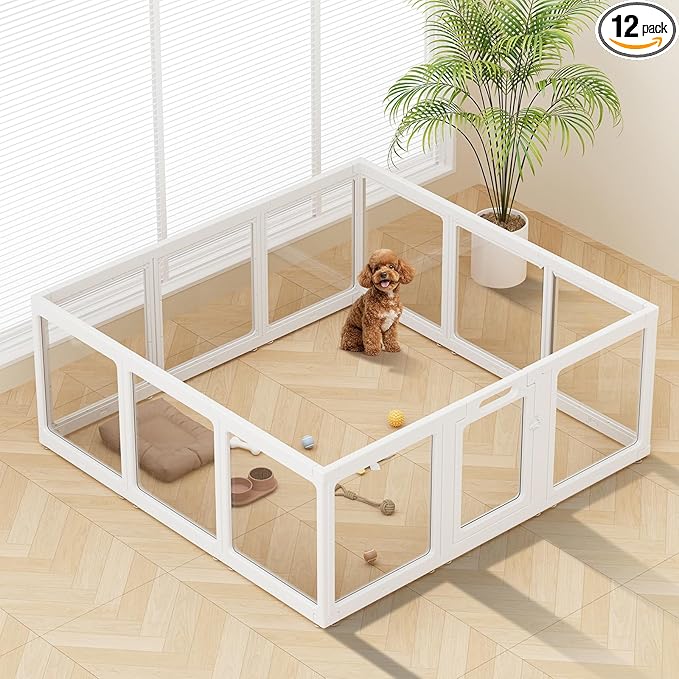 Clear Acrylic Dog Playpen Indoor, Puppy Cat Small Pet Play Pen, Pet Cat Playpen for Rabbits, Dog Fence Crate Kennel Whelping Cage (White, 12 Panel)