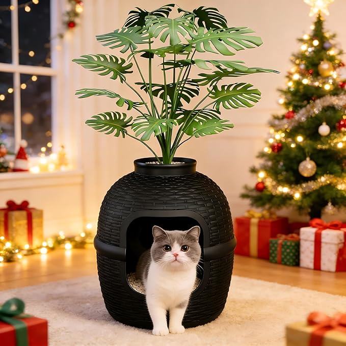 FansaFurn Large Cat Litter Box, Hidden Litter Box with Faux Plant, Heavy Duty Litterbox Enclosure Furniture with Rattan Pattern, PP Cat Box Enclosure Furniture for Living Room, Bedroom, Black