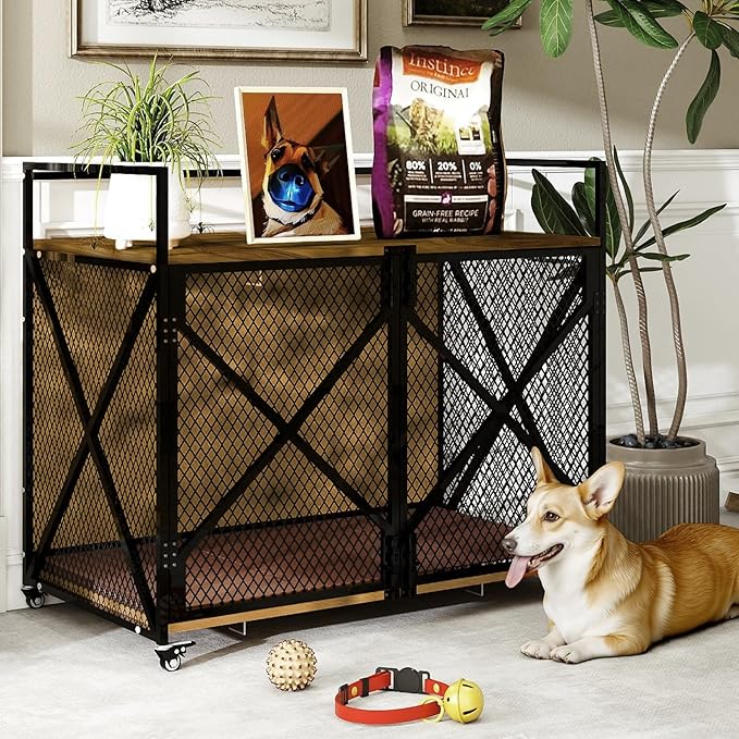 31" Dog Crate Indoor Furniture-Style for Medium & Small Dogs, Heavy Duty Wooden Indoor Dog Cage with 4 Lockable Wheels & Cushion for Living Room, Bedroom, House, Rustic Brown
