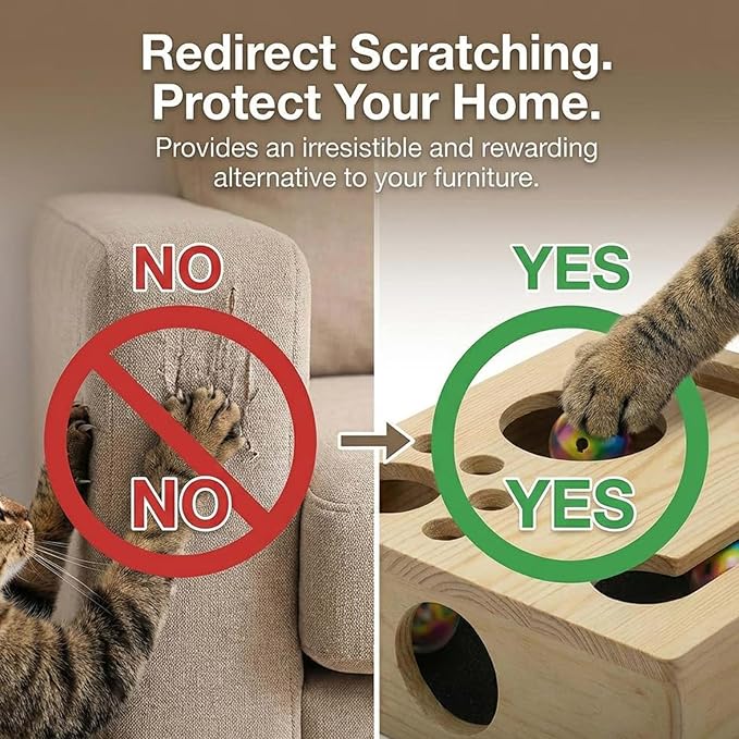 2026 Upgrade Nail File Stress Free Alternative ，Wood Cats Scratch Puzzle Enrichment Box with Bell Ball & Sandpaper Inside，Stress-Free Alternative to Claw Clippers & Grinders (Box)