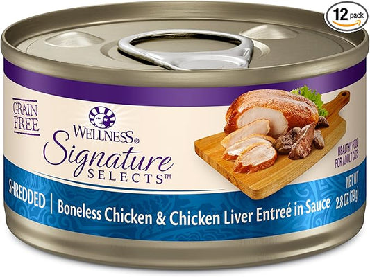 Wellness CORE Signature Selects Shredded Adult Canned Wet Cat Food, Natural, Protein Rich, Grain Free, Chicken Entrée Recipe, 2.8 oz, Pack of 12 Cans