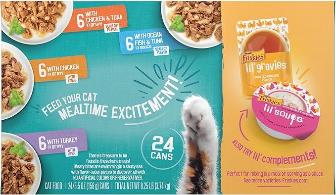 Friskies Purina Wet Cat Food Variety Pack,Tasty Treasures Prime Filets (with Chicken and Tuna,with Chicken,and-with Ocean Fish-and Tuna,and-with Turkey) - 5.5 oz. Cans,(Pack of 48)