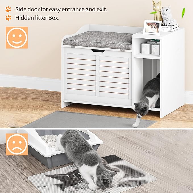 Wooden Cat Litter Box Enclosures with Storage Shelf - Hidden Litter Box Furniture for Cat with Cushion & Mat - Litter Box Cabinet