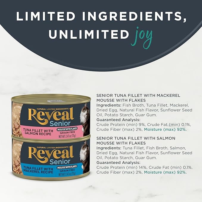 Reveal Natural Wet Senior Cat Food Flakes, Limited Ingredient, Grain-Free with High Protein with No Artificial Additives, Tuna Fillet Flakes in Mousse (8 x 2.47 oz Cans)