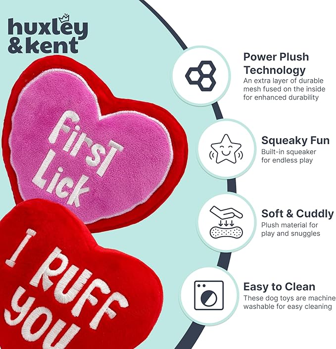 Huxley & Kent Funny Dog Toy w/Squeaker – Valentine's Day Power Plush Squeaky Dog Toys for Small, Medium & Large Dogs – Soft Stuffed Animal for Indoor Play & Fetch - First Lick Heart, Large