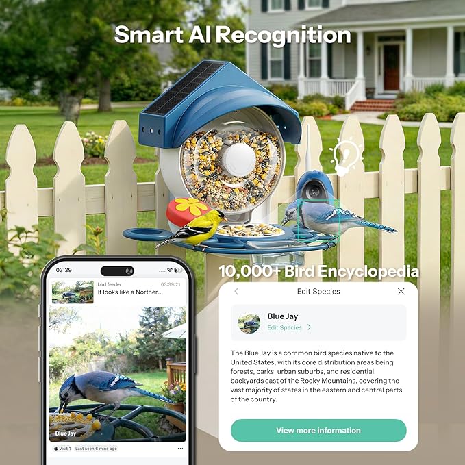 Smart Bird Feeder with Camera - 2K HD Smart Bird Feeder, Solar Powered Outdoor Birdhouse with Easy Clean Design for Backyard Birding & Wildlife Bird Watching, Gift for BirdLover (Blue)