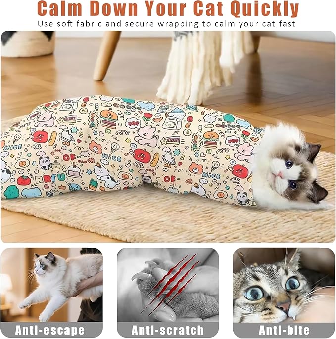 Cat Wrap for Cutting Nails, Self-Adhesive Cat Grooming Wrap Anti-Escape Anti-Scratch Calming Cat Swaddle Wrap for Nail Clipping, Medicine, Ear Cleaning, Multifuctional Pet Tool for Cat-Owner, Vet
